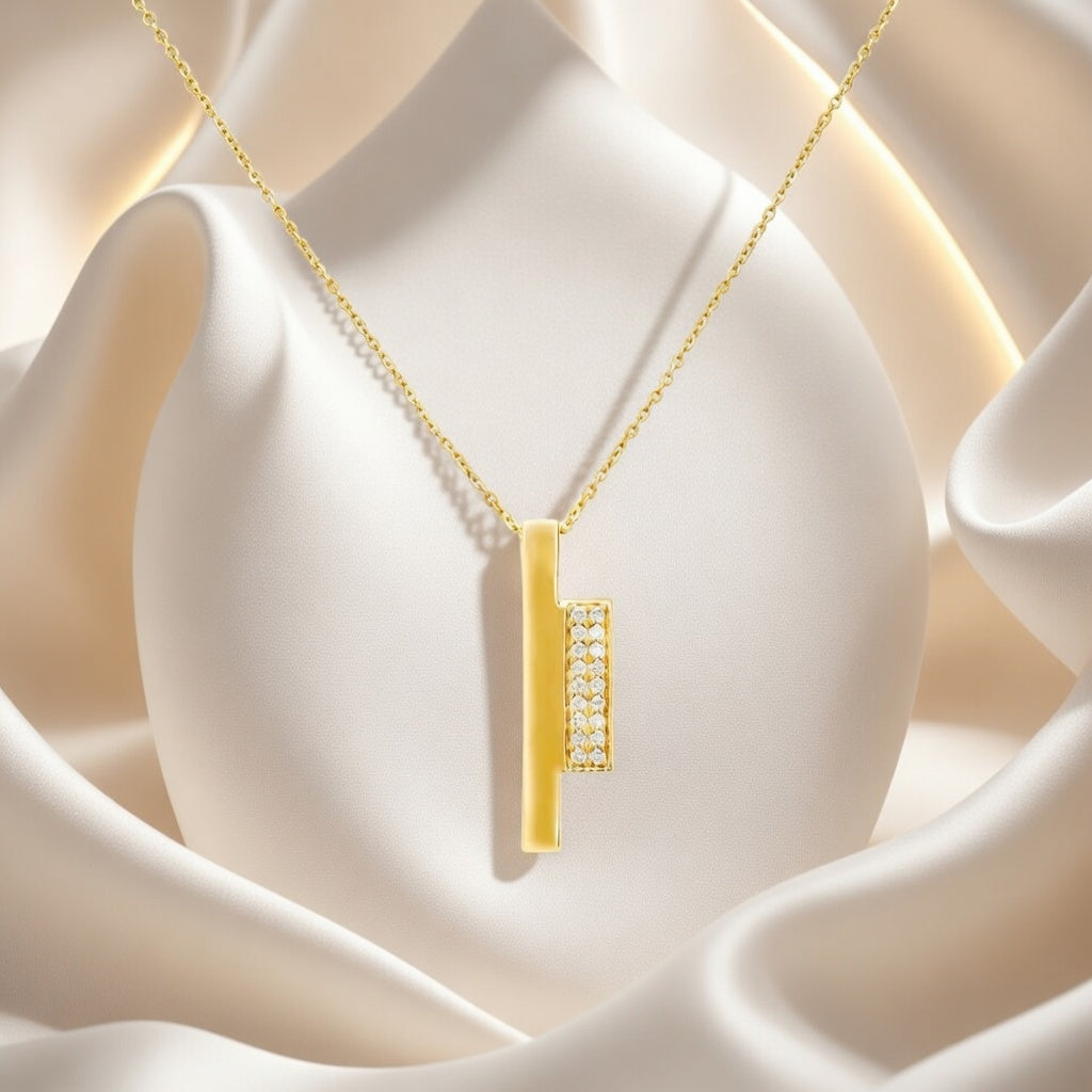 The diamond bar pendant: a straight line of brilliance that redefines quiet luxury.