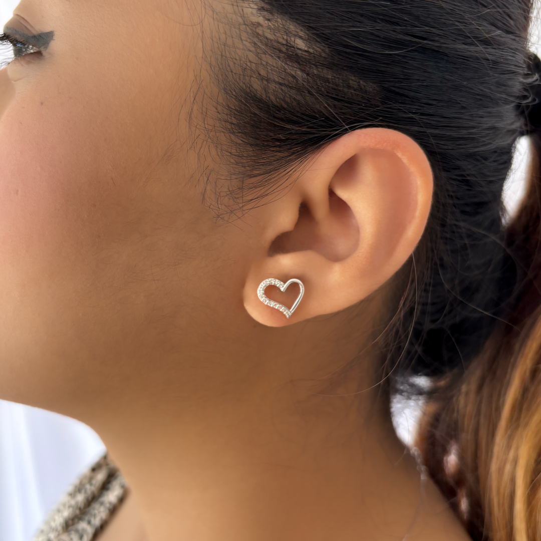 Studded Half Heart Studs | 14k White