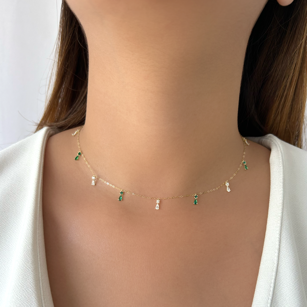 Dual Pear Round Crystal Necklace | Green