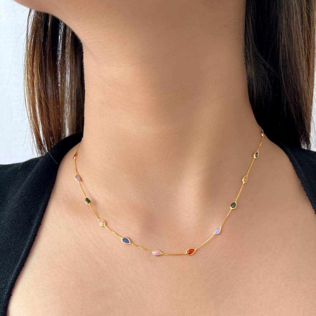 Multi Pear Crystal Necklace |Box Chain