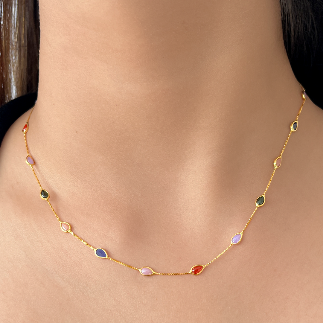 Multi Pear Crystal Necklace |Box Chain